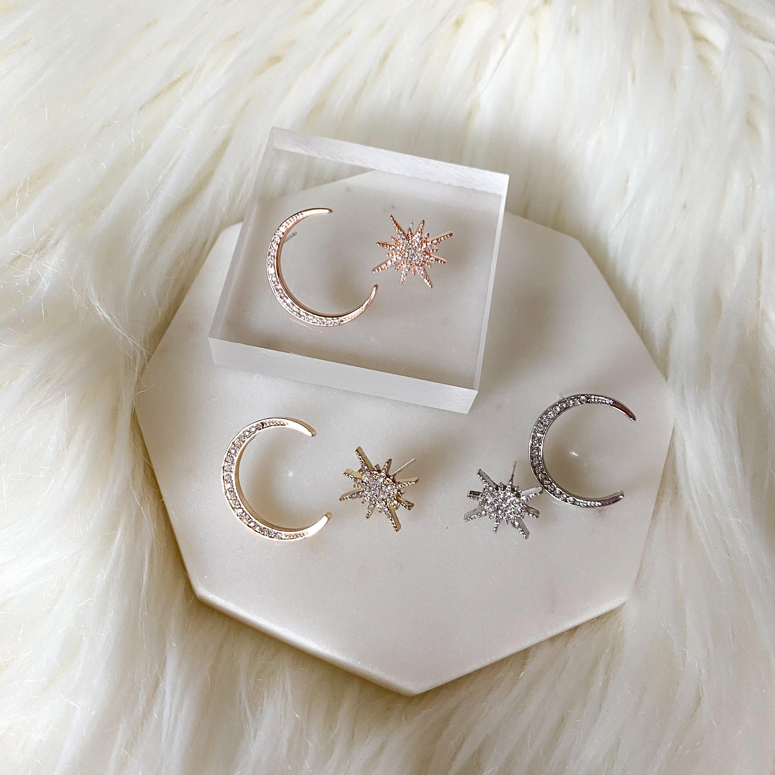Twinkle Star & Moon Asymmetric Stud Earrings
