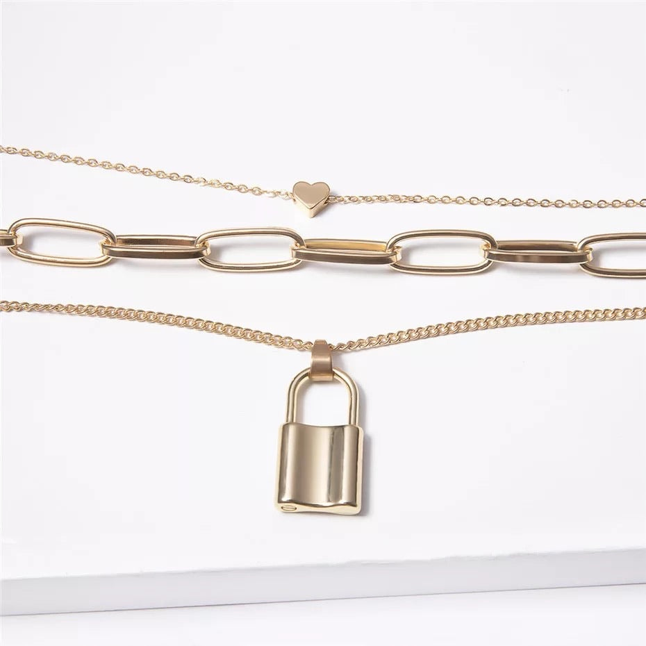 Heart & Lock Layered Chain Necklace - LAST CHANCE