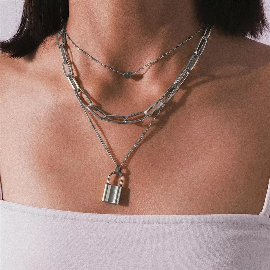 Heart & Lock Layered Chain Necklace - LAST CHANCE